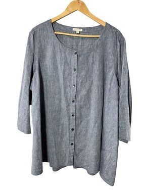 Eileen Fisher Grey Blue Linen Cotton Blend Button Front Blouse Size 3X